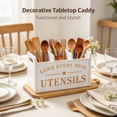 Hot‑Stamped Printed Wooden Utensil Caddy （Distressed White）