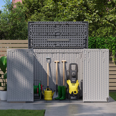 Remise de rangement horizontale en résine de 56 po de largeur et 100 gallons avec plancher, coffre verrouillable pour les outils de jardin et les meubles de jardin