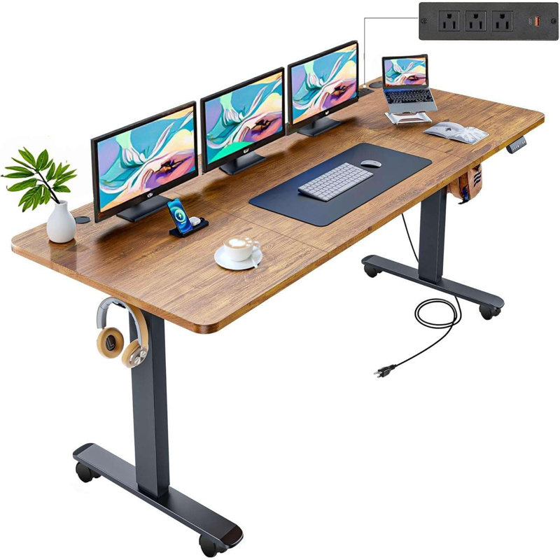 70.87" Electric Height Adjustable Standing Desk With 4 Lockable Casters, 2 Hooks, Big Mouse Pad And Outlets, Brown/Black