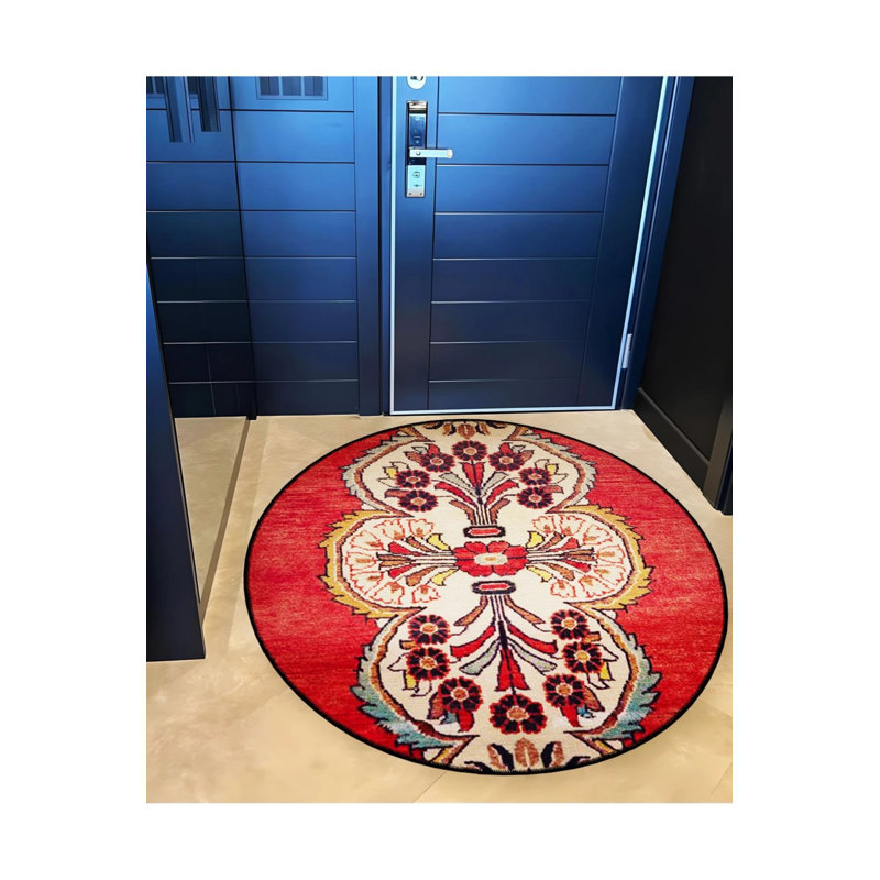 Beige Red Themed Motif Traditional Patterned Round Woven Base Vintage Decorative Carpet, Round 2'8"