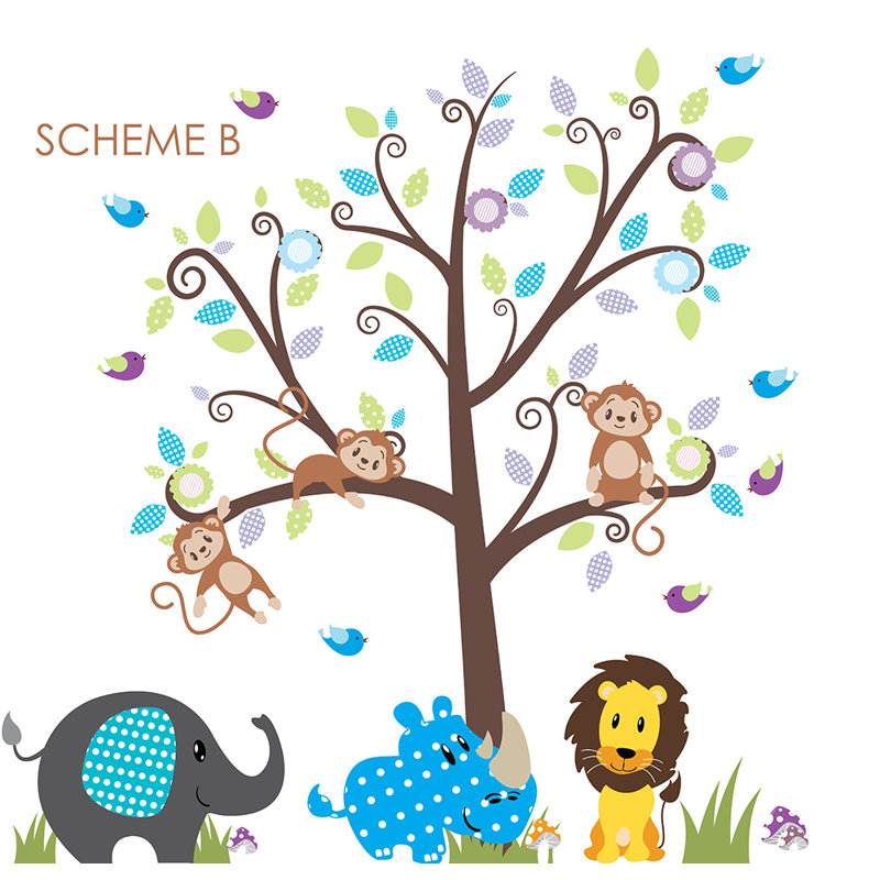 Adhésif décoratif arbre de chambre de bébé, lion et vinyle éléphant, Schéma B