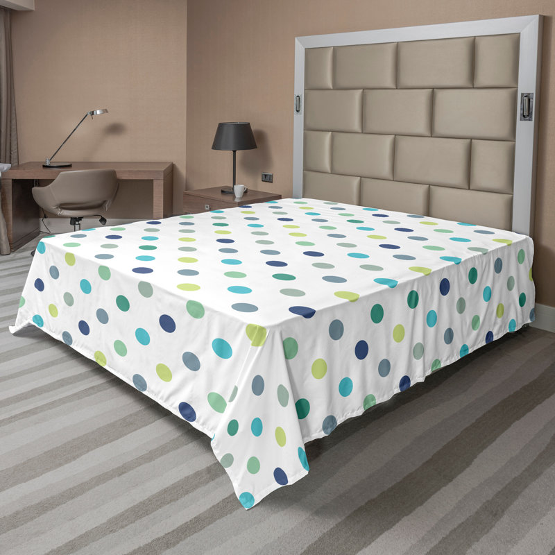 Ambesonne Nature Top Flat Sheet Glisten Fish Sunlight, King Flat Sheet, Apple Green Jade Green Polka Dots