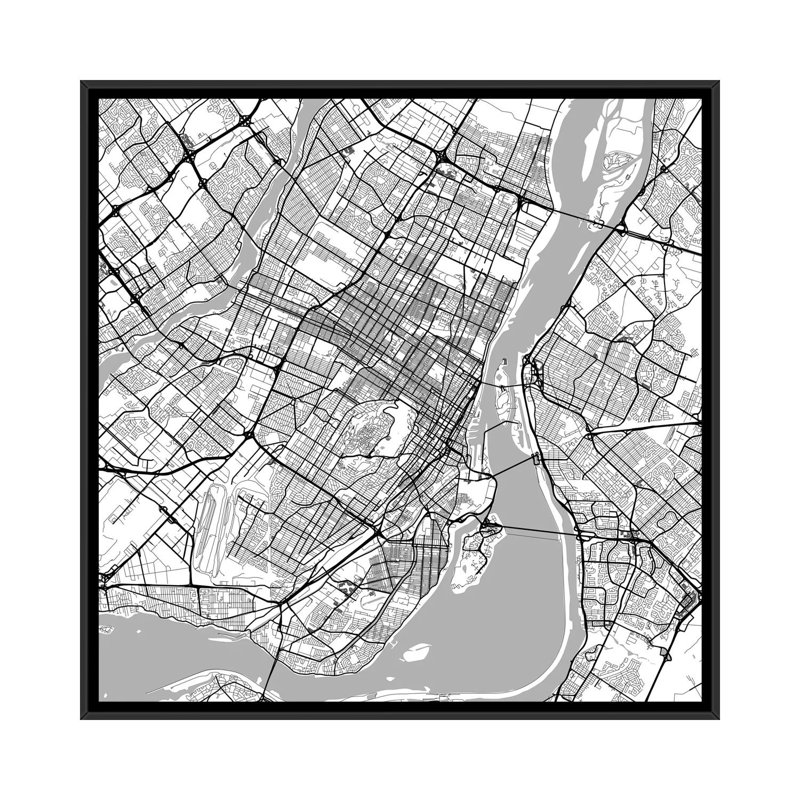 « montréal route », impression sur toile tendue, H 18 po x l 18 po x P 1,5 po, Toile avec cadre noir, Pas de tapis