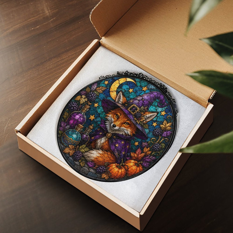 Panneau de vitrail pour fenêtre Fox Witch, 3,5 x 3,5 po (9 x 9 cm)