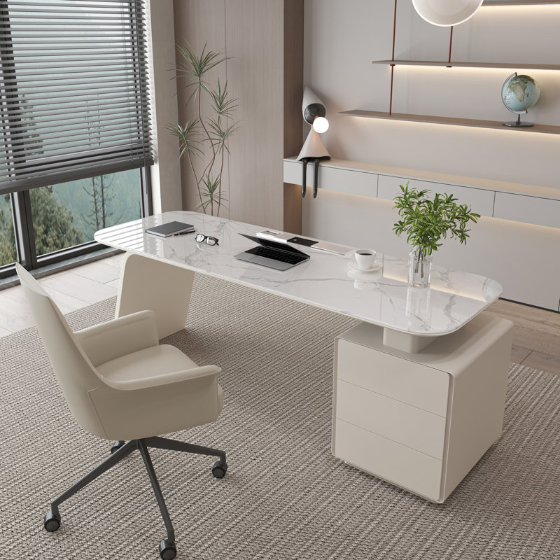 Aleiah Modern Stone Executive Desk with Storage for Computer Office, 29.5" H x 63" W x 27.5" D