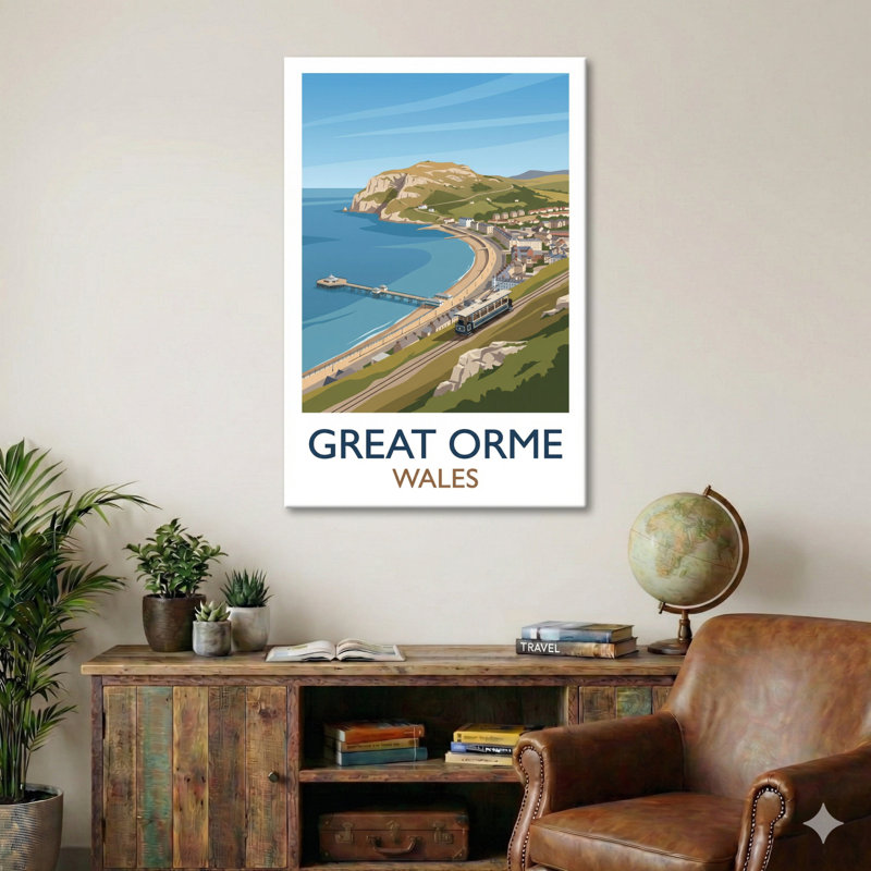 Great Orme, Wales - Romantic Travel Poster Of Llandudno Headland And Tramway. Giclee Print On Wrapped Canvas. Wall Art, Home Decor - Natural Landmarks, Wales - Wrapped Canvas Print