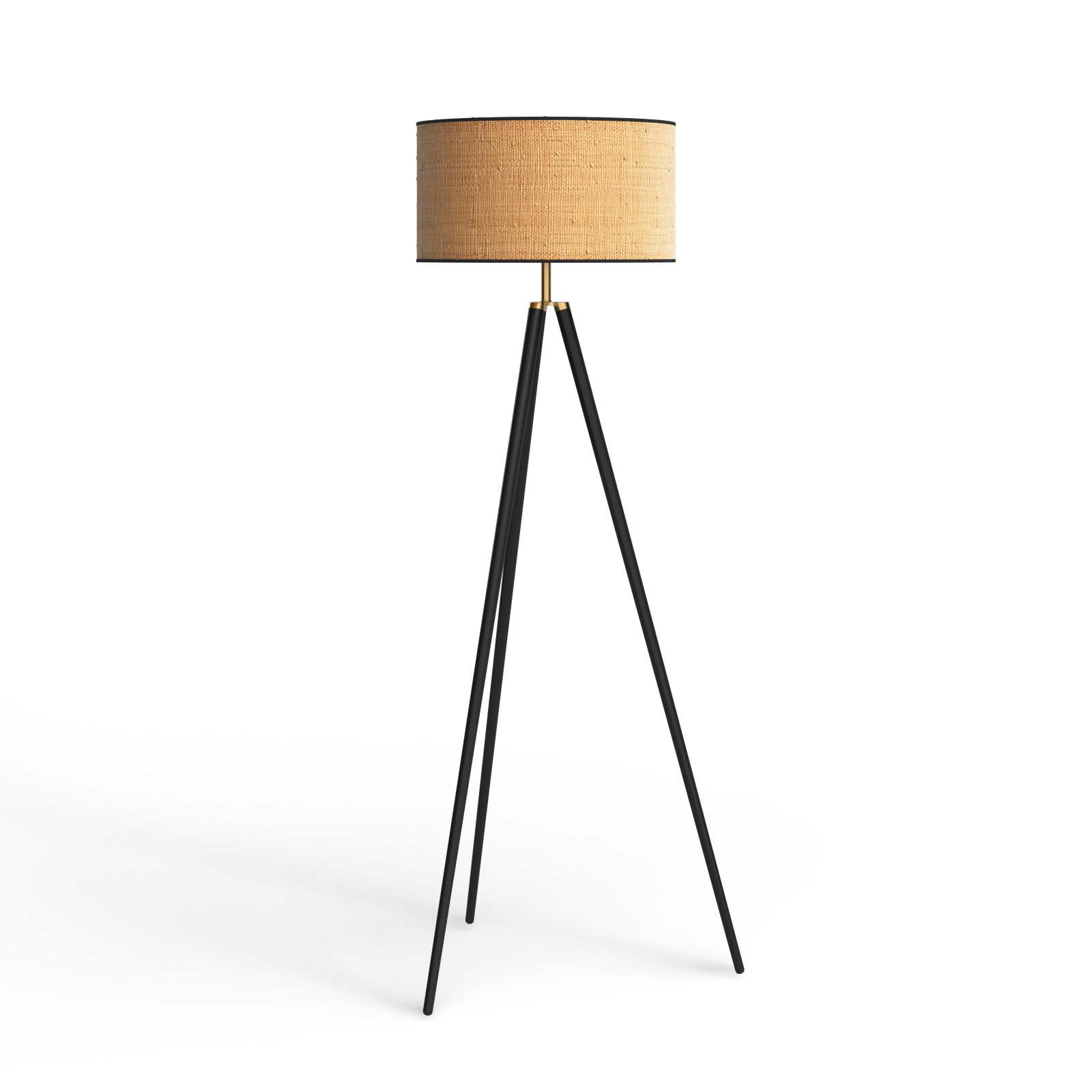 Kisa 60.5'' Dimmable Floor Lamp, Woven Natural Rattan Shade w. Black Trim, Natural Wood w. Black Accents