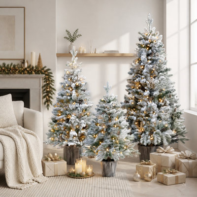 3-Piece Flocked Pre-Lit Christmas Tree Set with Warm White LED Lighting