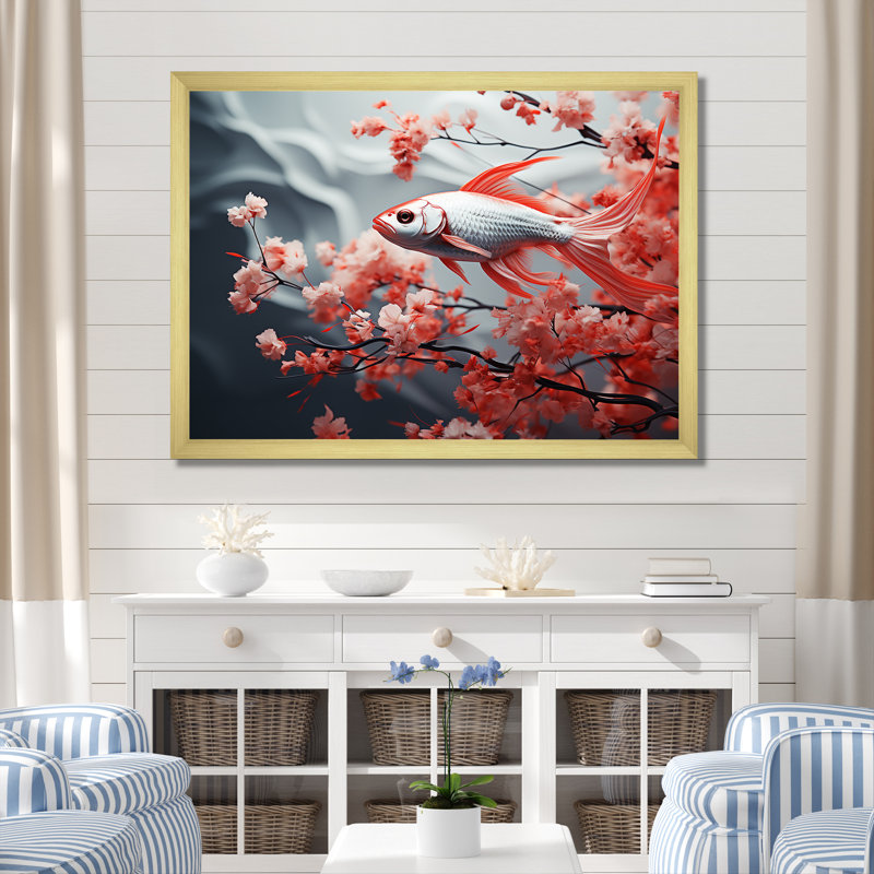 " Red And Grey Kois Fish Swimming With Serenity II ", Gold Single Picture Framed, 16" H x 32" W x 1" D