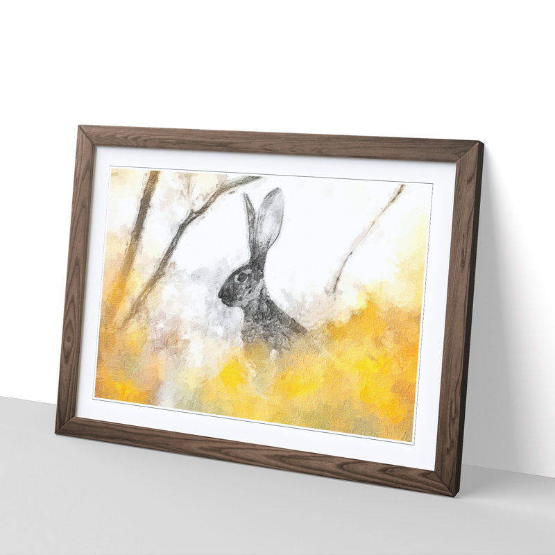 FRM-B-1275X The Alert Hare in Yellow - Picture Frame Painting, Walnut Framed, 27cm H x 36cm W x 2cm D