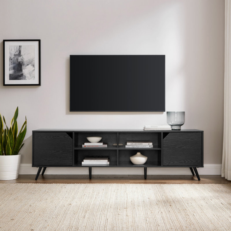 Meuble télé minimaliste à 2 portes avec rangement ouvert, Noir, L 70 po