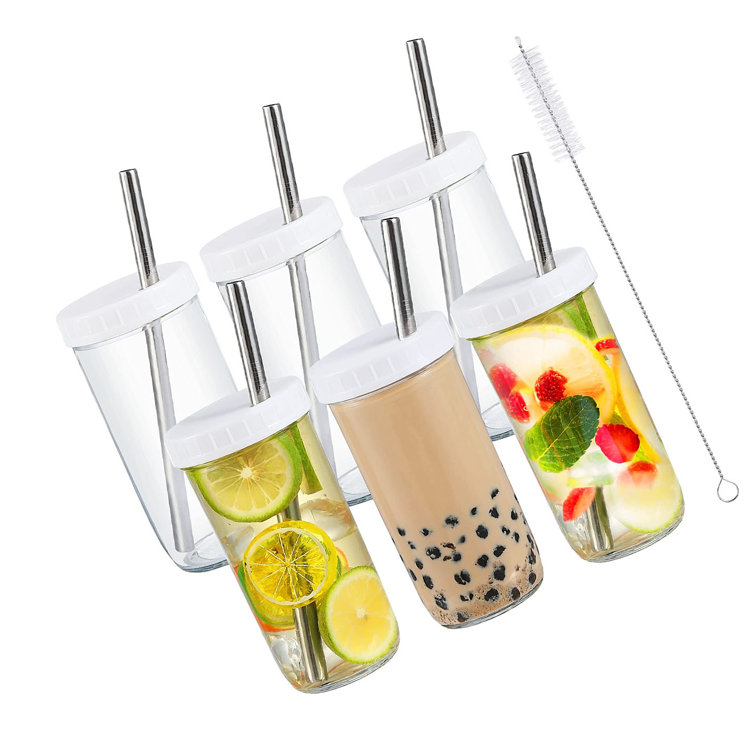 6pcs Set Glass Cups with Bamboo Lids and Glass Straw - Beer Can Shaped  Drinking Glasses, 16 oz Iced Coffee Glasses, Cute Tumbler Cup for Smoothie,  Boba Tea, Whiskey, Water - 2