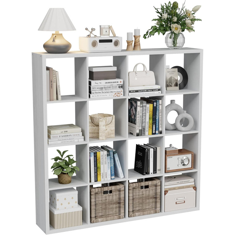 16 Cube Storage Organizer with Thick Four-Row Edges, Engineered Wood Modular Cube Unit, Horizontal & Vertical Convertible Bookshelf for Bedroom Playroom Living Room