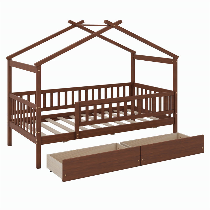 Lit en bois avec deux tiroirs, Noyer