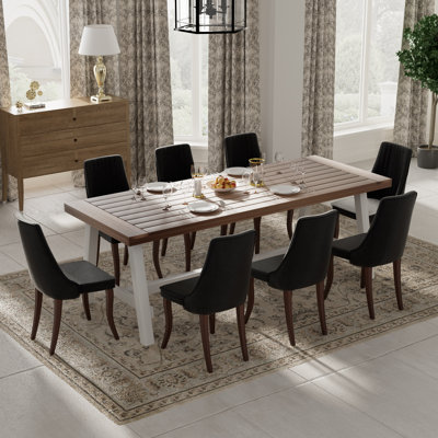 9 Pieces Modern Farmhouse Rectangle Dining Set with Mid-century High Back Dining Chair Set for 8