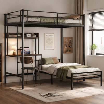 Bunk Bed Twin Over Twin Size with Desk and Charging Station L-Shaped Metal Bunk Bed with Storage Shelves and Bookcase