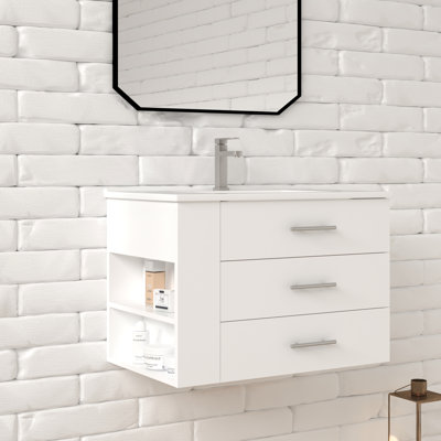 Aurilla 30 in. Single Sink Wallmount Bath Vanity with White Ceramic Countertop in Matte White with Left Side Shelf