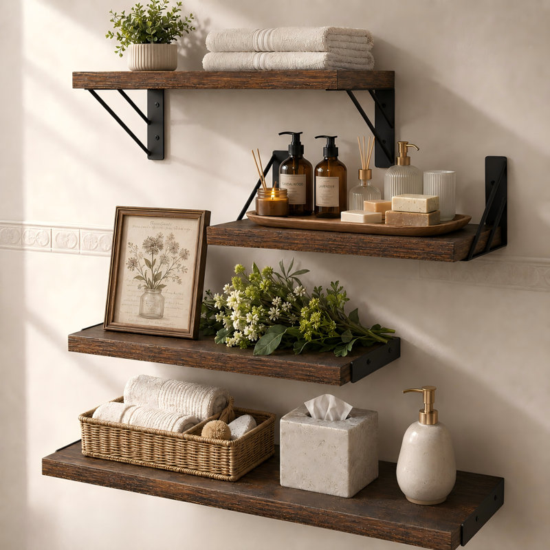 Set of 4 Rustic Brown 16-Inch Floating Shelves for Wall Mounting, Space-Saving Storage Organizer for Bedroom, Living Room, Kitchen, Bathroom, or Office