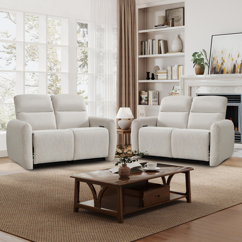 2 - Piece Modern Minimalist Breathable Fabric Power Reclining Living Room Set Couch with Loveseats, Beige