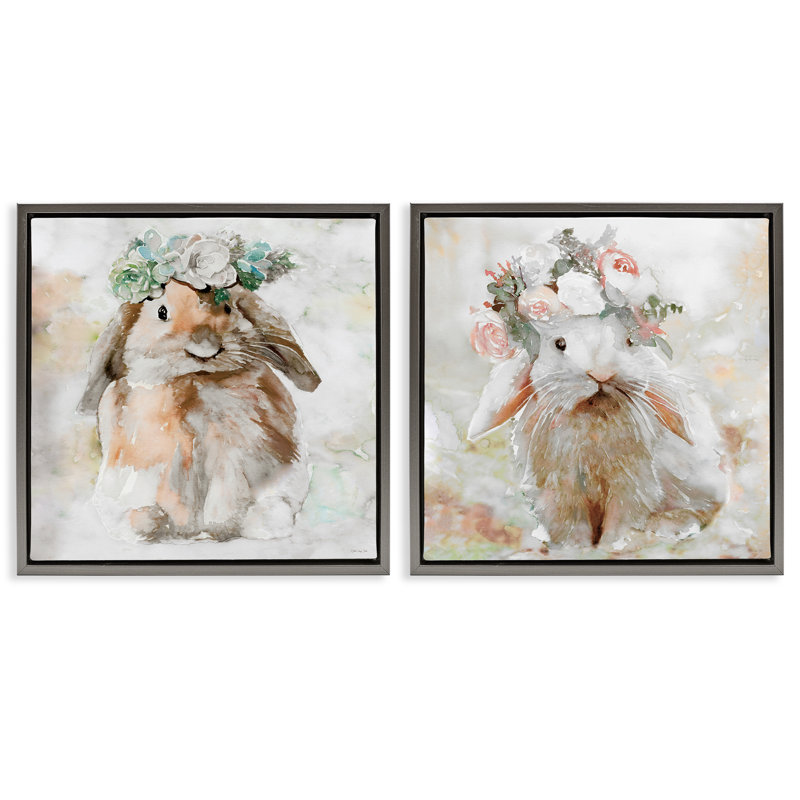 «Soft Spring Floral Bunnies», ensemble de 2 toiles flottantes encadrées par Steller Design Studio, Cadre flottant gris lustré