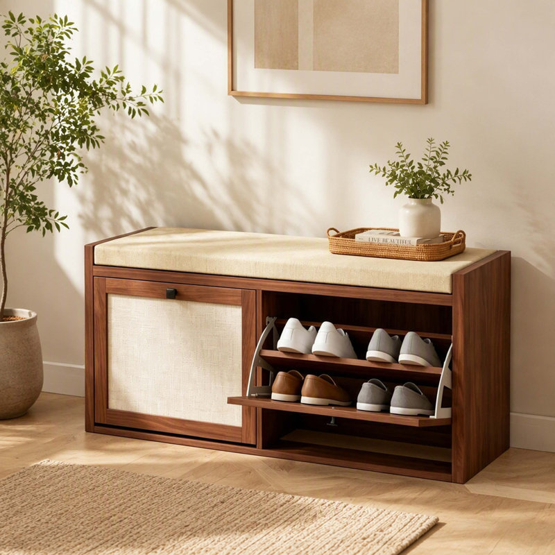 Banc d'entrée avec rangement pour chaussures, doté d'une assise rembourrée confortable et de 2 portes d'armoire décoratives en rotin pour l'organisation des chaussures.