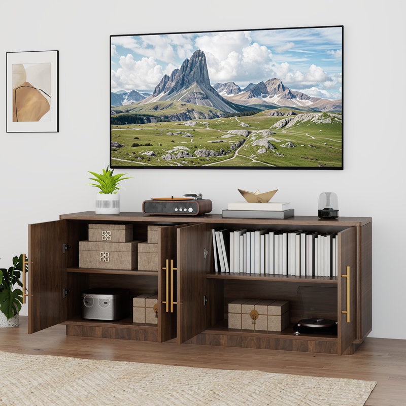  Meuble télé pour téléviseur de 80 po ou moins, console média avec 4 portes cannelées, centre de divertissement de 70 po avec beaucoup de rangement pour le salon