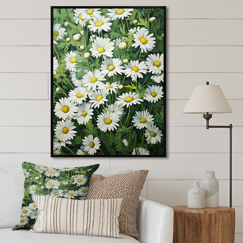 «White Daisy Blooming Elegance V», reproduction sur toile, Cadre flottant noir, H 32 po x l 16 po x P 1 po