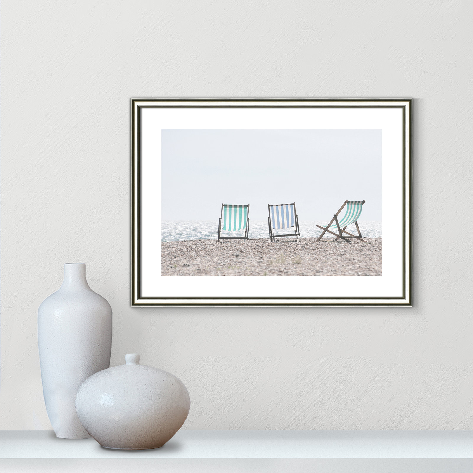 Adriatica "Beach Chairs" Print, 16" H x 19" W x 0.875" D, Silver Framed Paper