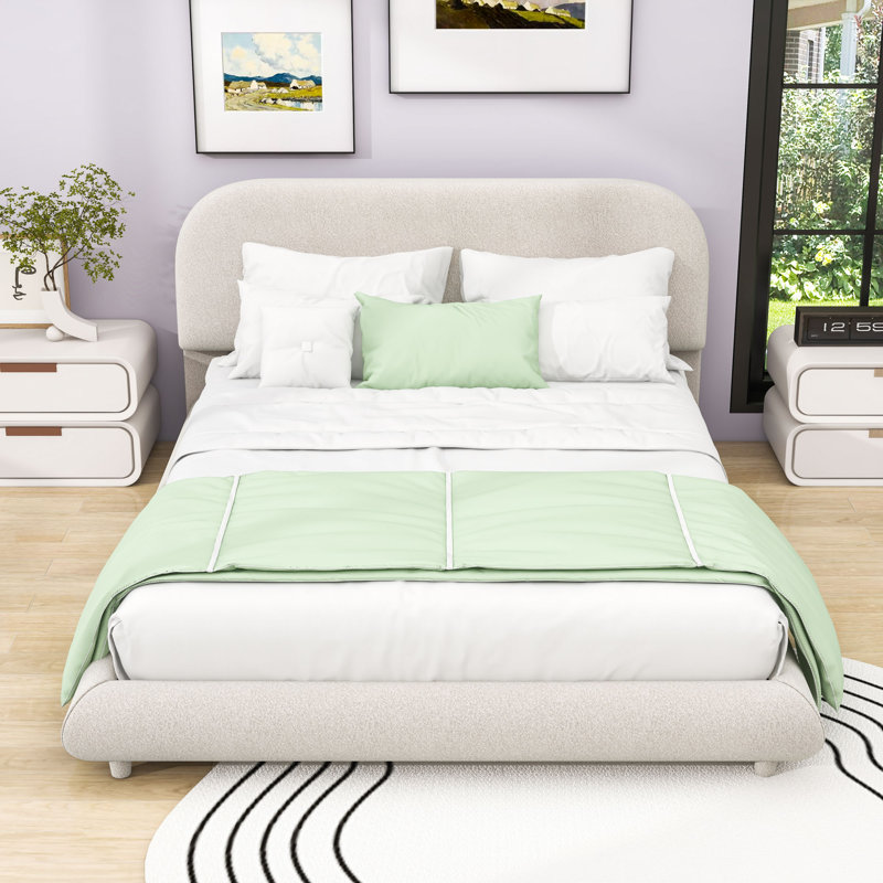 Lit plateforme tapissier avec tête de lit et pieds centraux Teddy, Grand lit, Beige