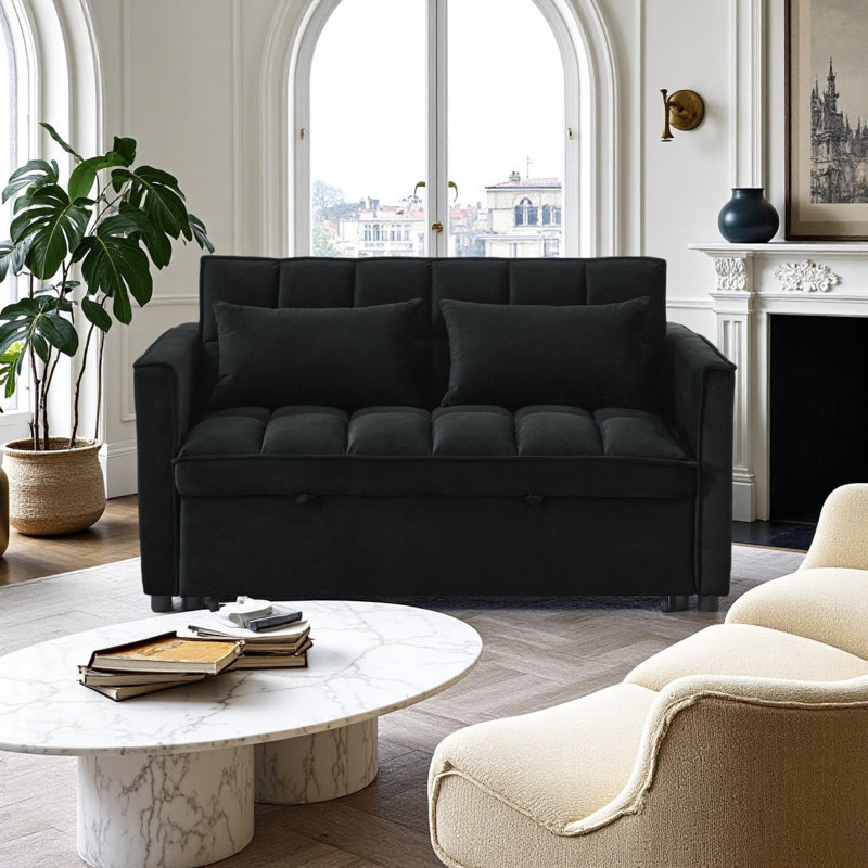 Canapé-lit convertible 3-en-1 avec fonction d'inclinaison, dossier réglable à 3 positions, canapé modulaire à 2 places avec poches latérales et coussins, velours noir de 54 po de largeur, idéal pour le salon et l’appartement