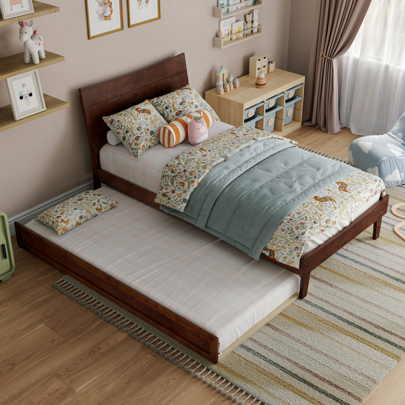 Phoenix Wood Platform Bed with Trundle, Walnut, Twin