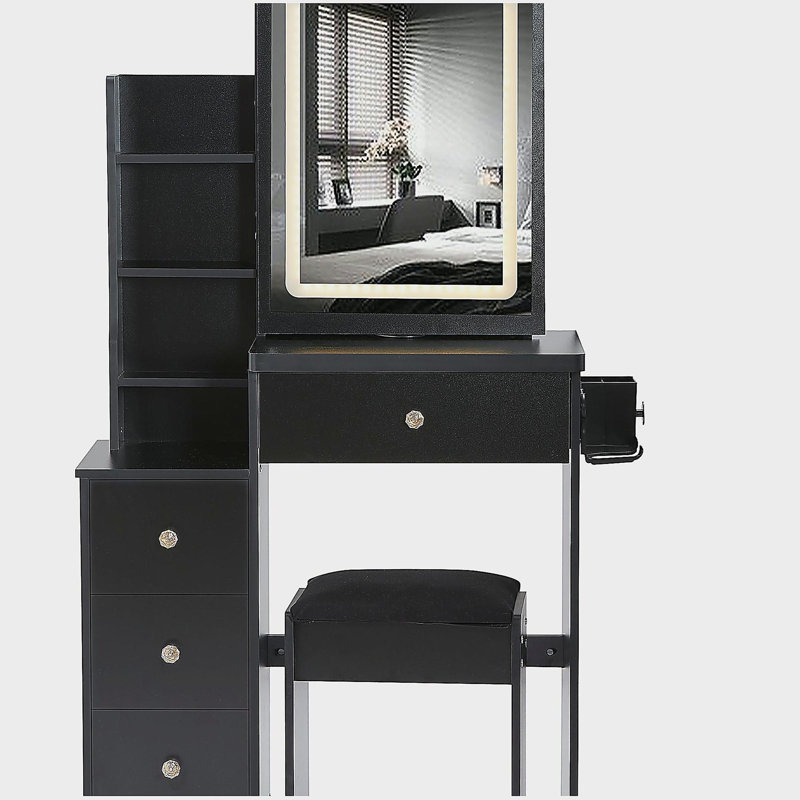 29.2" Small Size Left Bedside Cabinet Vanity Table + Cushioned Stool, 2 AC+2 USB Power Station, Hair dryer bracket, Extra Large Touch Control Sliding LED Mirror, Tri-color Switching, Brightness Adjust