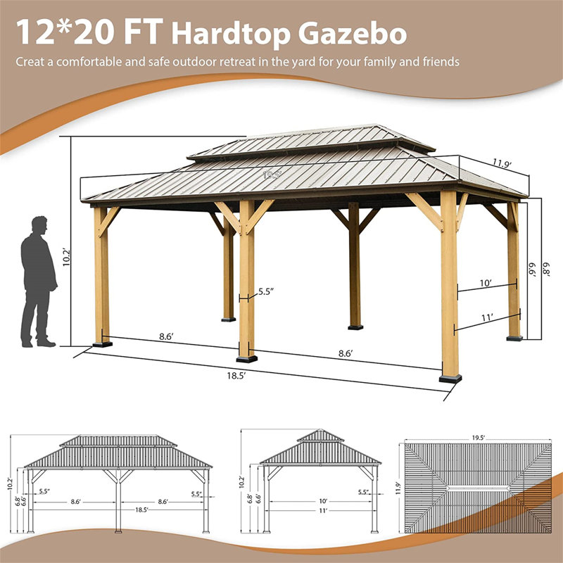 20 Ft. W x 12 Ft. D Solid Wood Patio Gazebo