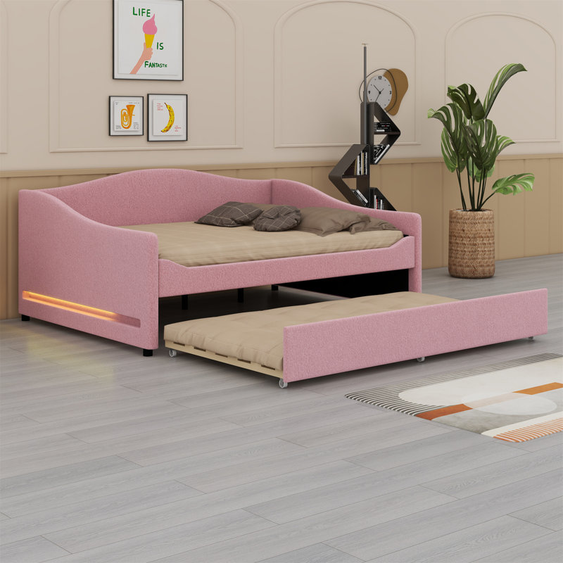 Upholstered Daybed With Light And Trundle, Pink