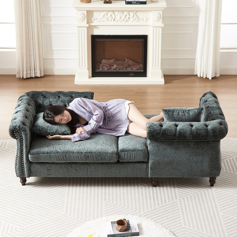 81-inch Chenille Chaise With Button Seat And Back, Nailhead Trim, Rolled Arms For Living Room, Lounge Office, 1 Face-face Grace, 2 Pillows,