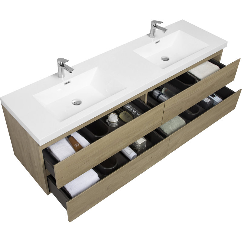 Meuble-lavabo mural sophistiqué avec lavabo en résine de qualité supérieure et espace de rangement abondant