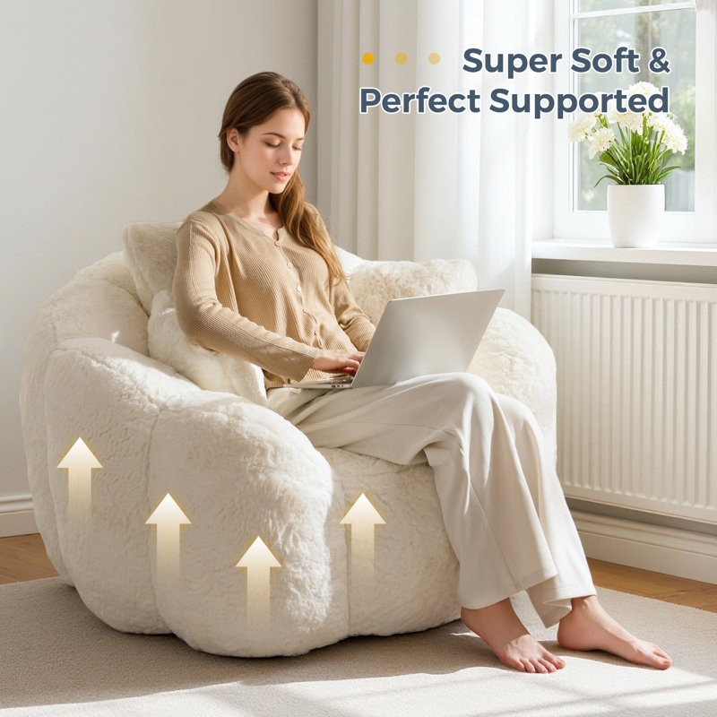 Oversized Floral Shaped Bean Bag Chair with 3 Pillows, Beige Faux Fur