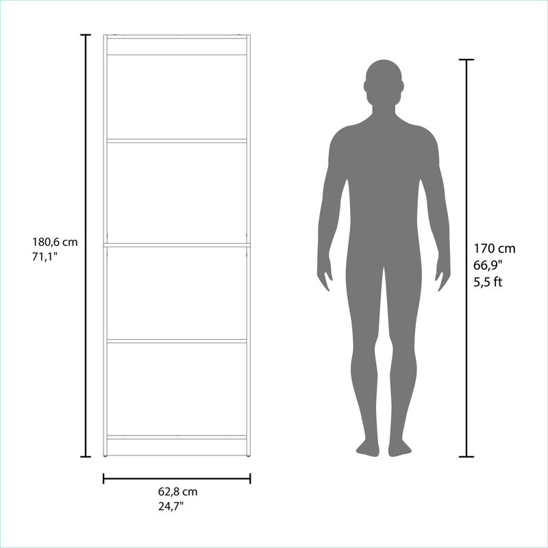 Grande bibliothèque verticale ouverte à 4 tablettes, étagère de rangement ouverte peu encombrante, présentoir en panneau de fibres à densité moyenne pour un usage domestique