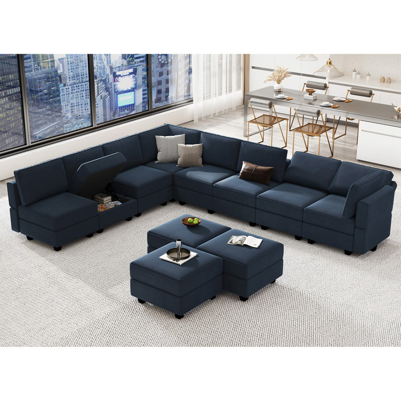 Wylodene 143'' W Oversized U Shaped Velvet Modular Sectional Storage Sofa Living Room Couch Set, Blue Velvet