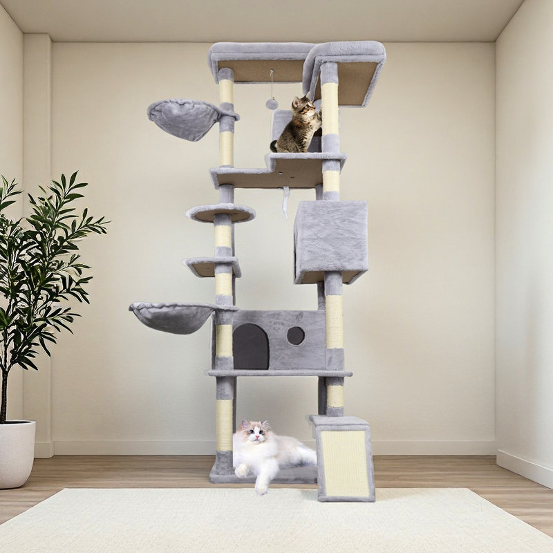 Gris, tour de chat, plateformes multiples, condos, poteaux à griffes, réceptions, félins Tour de chat gris avec plateformes multiples, condos et poteaux à griffer - Divertissements pour félins