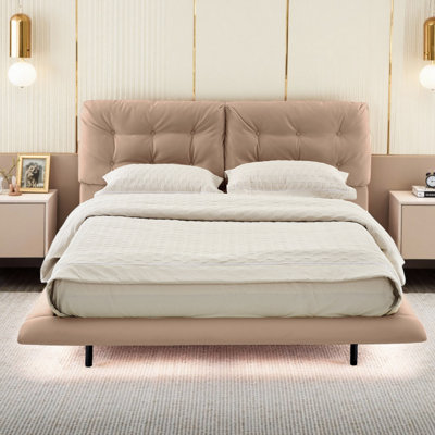 Structure de lit flottant pour grand lit avec lumières DEL, lit plateforme en similicuir avec tête de lit capitonnée