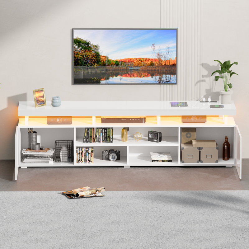 Meuble télé à DEL pour téléviseur, centre de divertissement moderne avec prise de courant, console multimédia pour téléviseur à DEL avec grand meuble de rangement