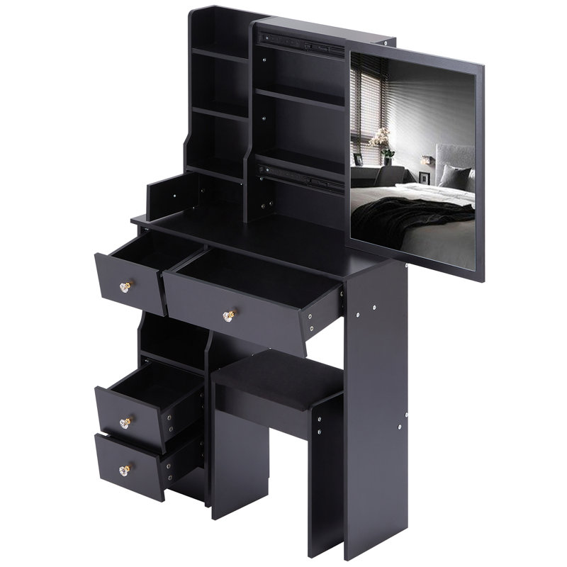 Petite coiffeuse 29,2 po avec tabouret de bureau à gauche et tabouret rembourré, très grand miroir coulissant à droite, rangement multicouche à grande capacité, commode pratique et pratique, convient aux petits espaces