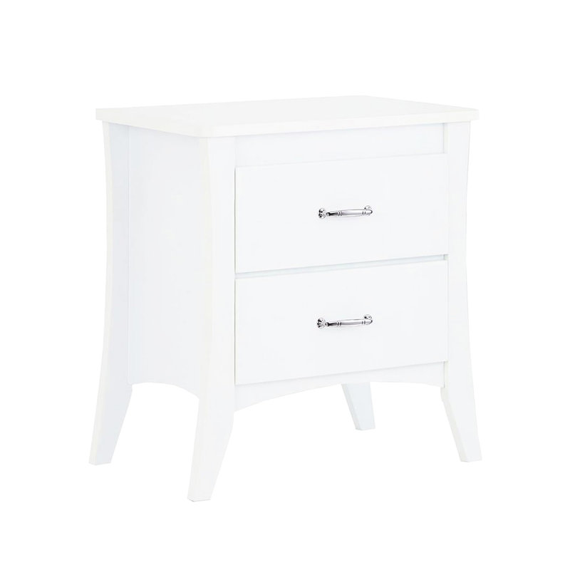 Table de chevet blanche avec deux tiroirs de taille et deux pieds effilés blancs fonctionnels