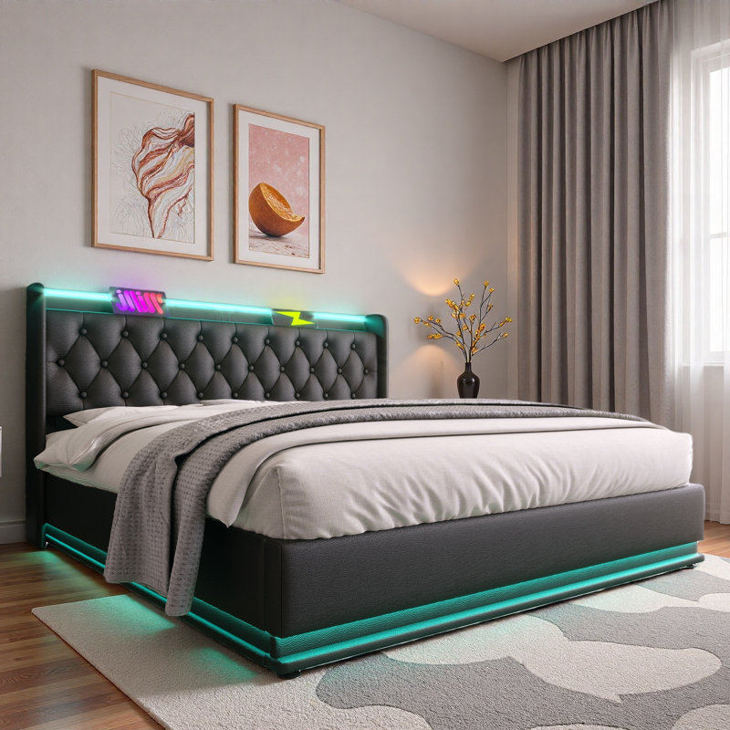 Lit tapissier avec DEL, rangement hydraulique et charge USB Type-C, Lit double