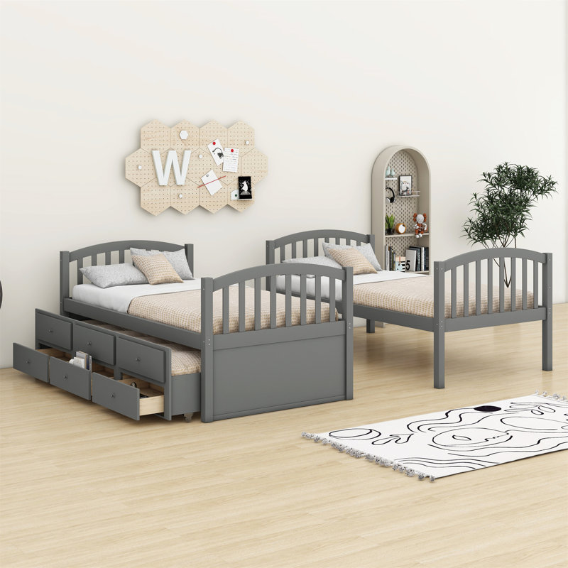 Bunk Bed With Ladder,Trundle And Drawers, Gray