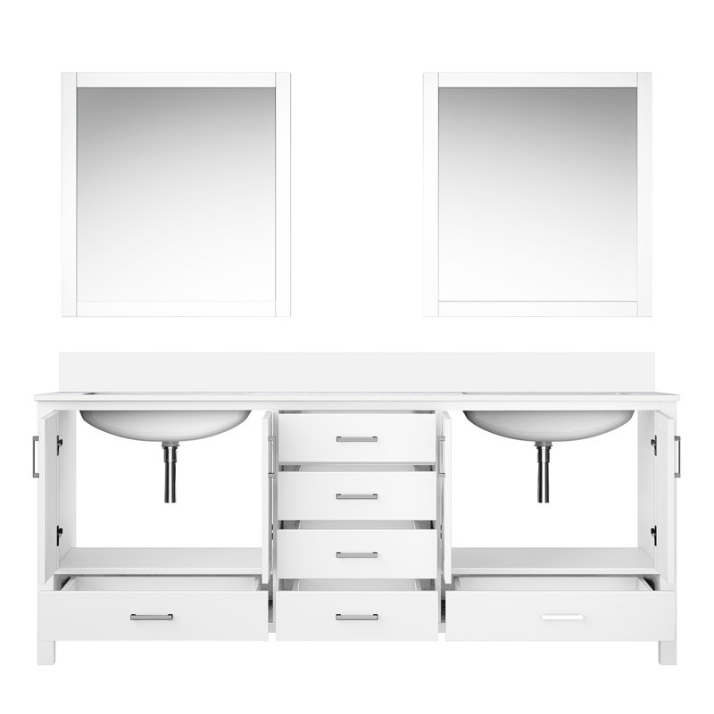 Meuble-lavabo double blanc 80 po En largeur, 22 po de profondeur, plateau en quartz, 30 miroirs et tiroirs à fermeture en douceur avec fonctionnalité