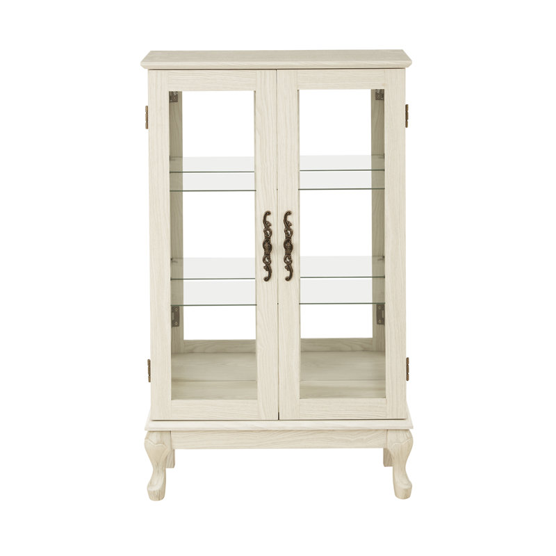 Vitrine de style américain en verre avec pieds incurvés, grands tiroirs et poignées en métal