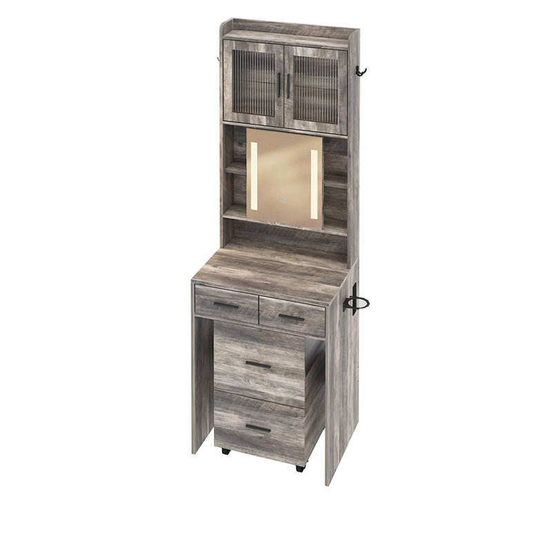 Small Vanity Desk With Sliding Mirror And LED Lights, Black, Brown