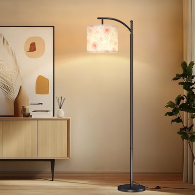 Arc Floor Lamp with Adjustable Lampshade Soft Pink Peach Watercolor Roses Floral Seamless Delicate Leaves Standing Lamp 3 Color Temperatures Dimmable Tall Pole Lamp with Foot Switch for Bedroom
